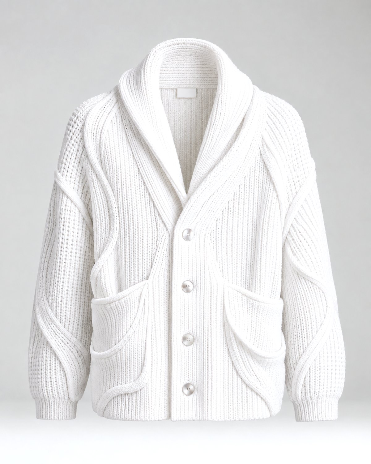 White cable-knit shawl-collar cardigan