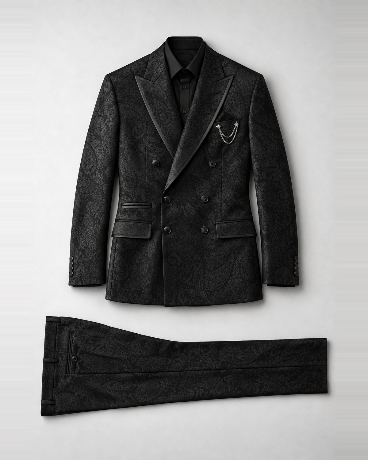 Black jacquard silk double-breasted dinner suit